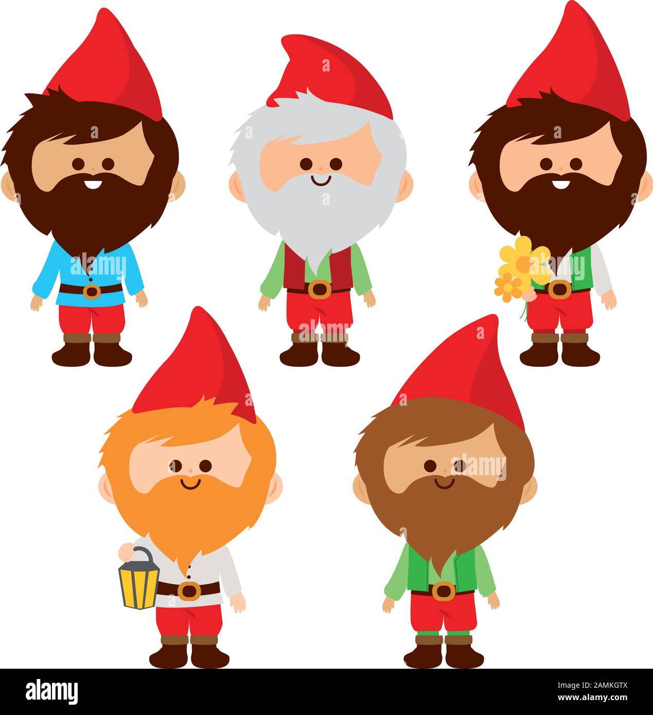 Collection de gnomes de jardin. Mignons gnomes de jardin heureux dans le jardin. Printemps jardinage des personnages nains avec des chapeaux rouges. Illustration vectorielle Illustration de Vecteur
