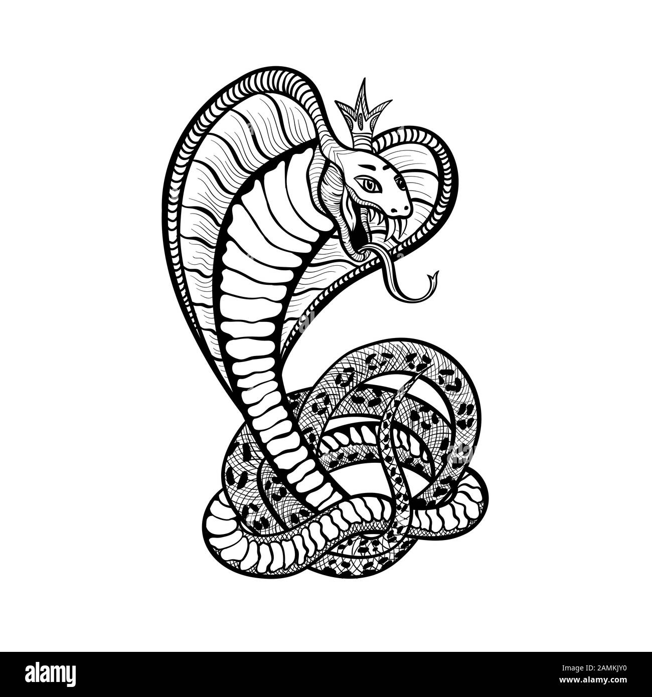 Motif tatouage de serpent, vipère de cobra vectoriel dans la couronne royale avec langue et fangs. Serpent vipère japonais dessiné à la main ou crotale en anneaux, modèle imprimé t-shirt et panneau de club de motard Illustration de Vecteur
