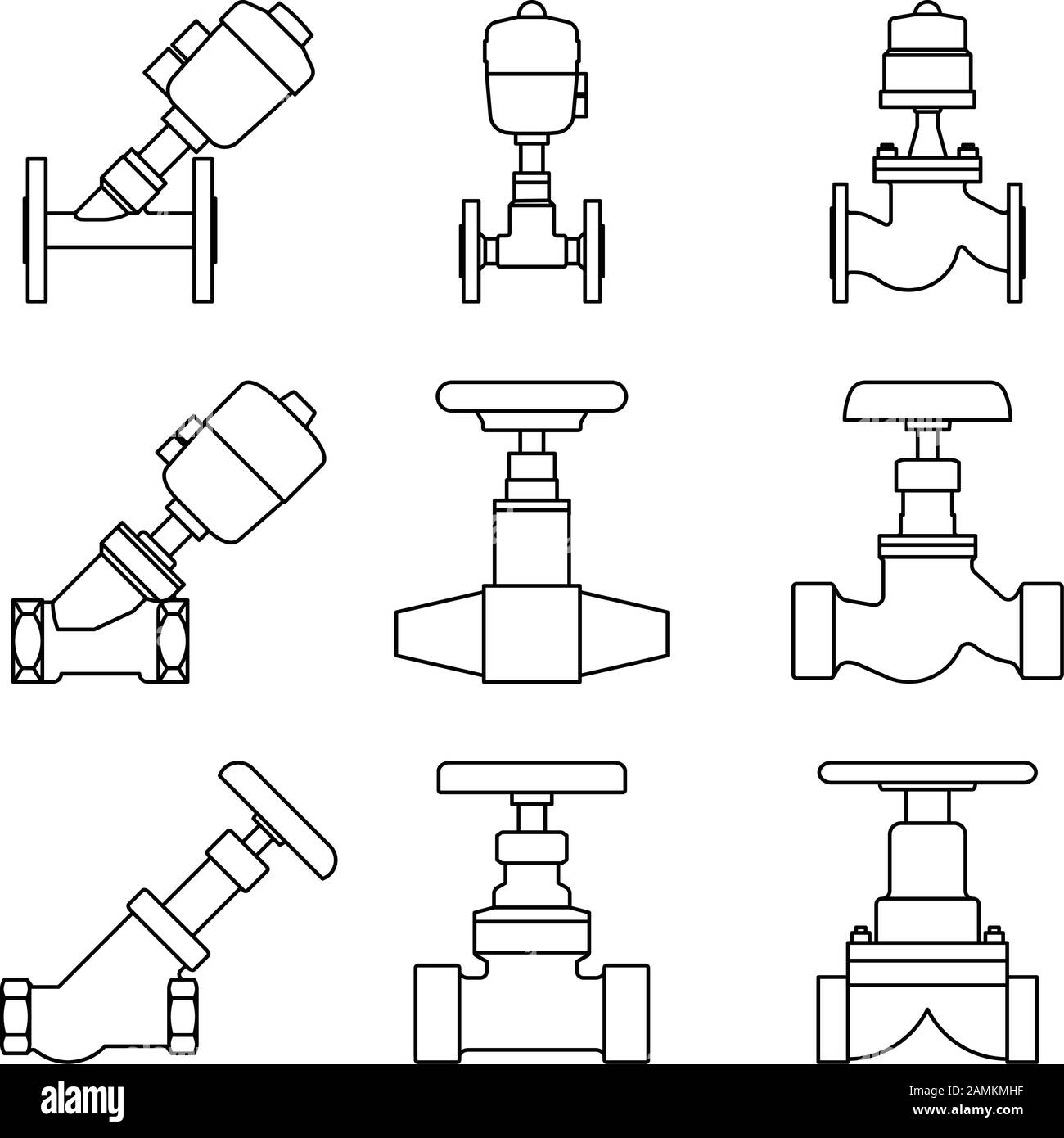 Divers types de vannes. Icônes de ligne mince Illustration de Vecteur