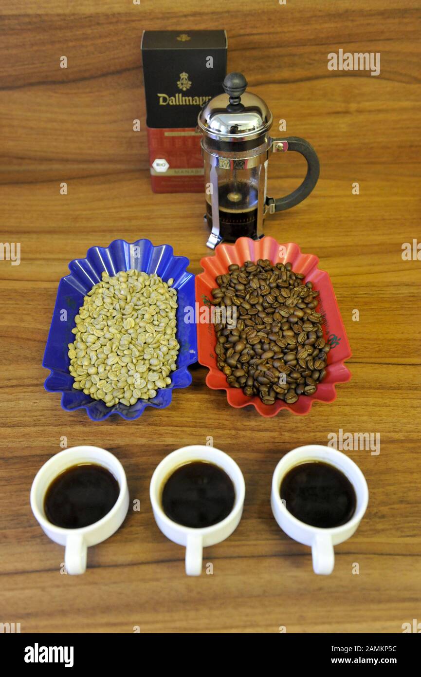 Divers types de café chez Dallmayr, préparés pour un test de qualité par un testeur de café. [traduction automatique] Banque D'Images