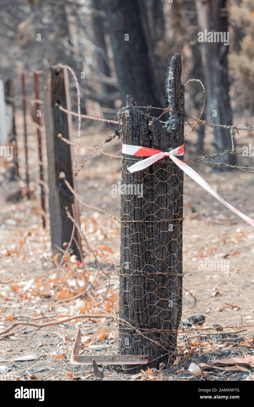 Le Mega-Fire de Gospers Mountain a brûlé à travers plus de 500 000 hectares de brousse, de fermes et de maisons de personnes. Dans la banlieue de Bilpin, le feu a sauté la ligne de route de Bells fin décembre et a brûlé des maisons, des vergers de pommes et des magasins qui font la région célèbre. Depuis le 14 janvier 2020, le feu est toujours en feu, mais il est classé comme "Contenu" et toutes les routes concernées sont maintenant ouvertes à la circulation. Crédit Photo Stephen Dwyer Alay News Banque D'Images