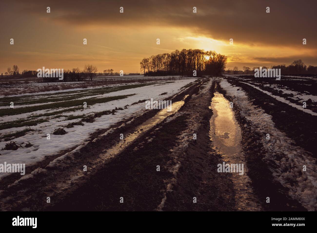 Route rurale gelée boueuse à travers les champs, le nuage et le coucher du soleil Banque D'Images