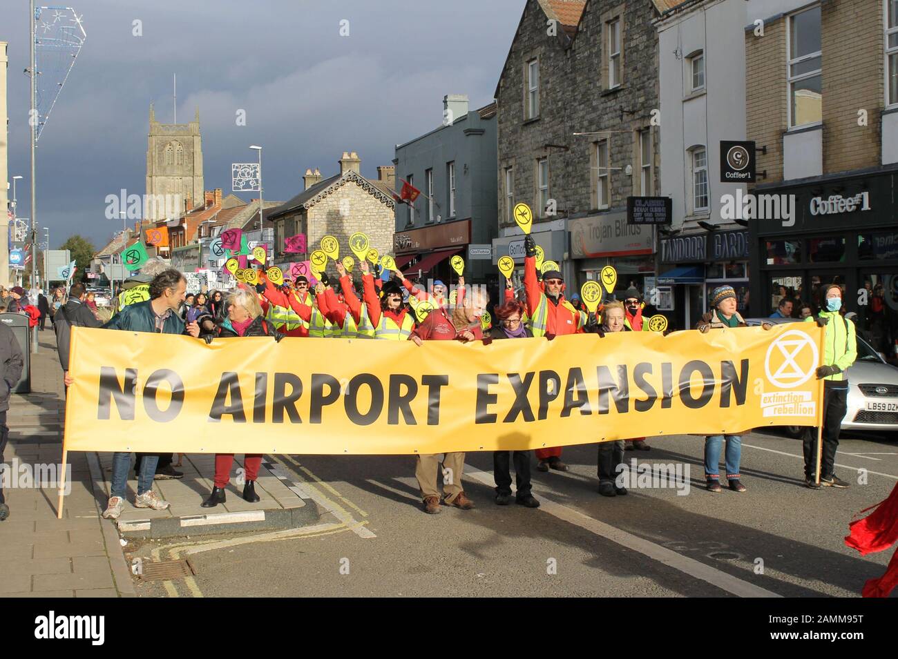 Rébellion d'extinction pour protester contre l'aéroport de Bristol en Keynsham expansion. 15 Janvier 2020 Banque D'Images