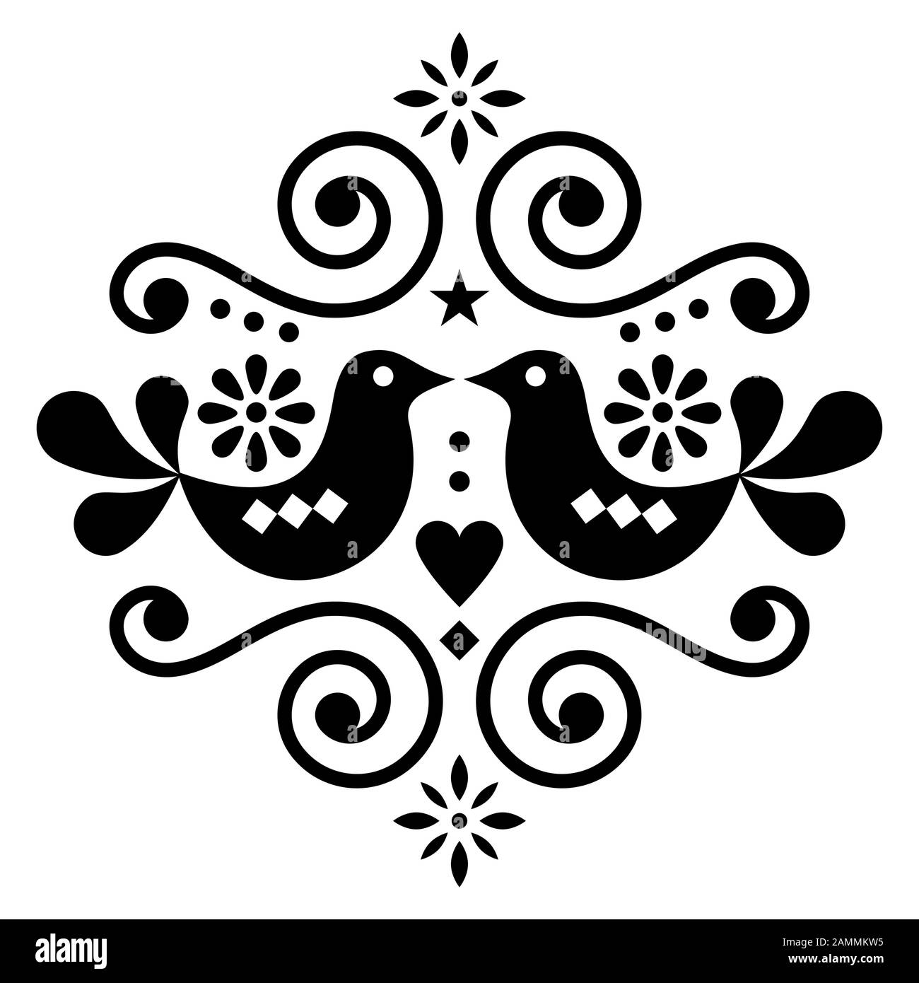 Motif vectoriel d'art folklorique scandinave, motif nordique mignon avec oiseaux en noir sur fond blanc Illustration de Vecteur