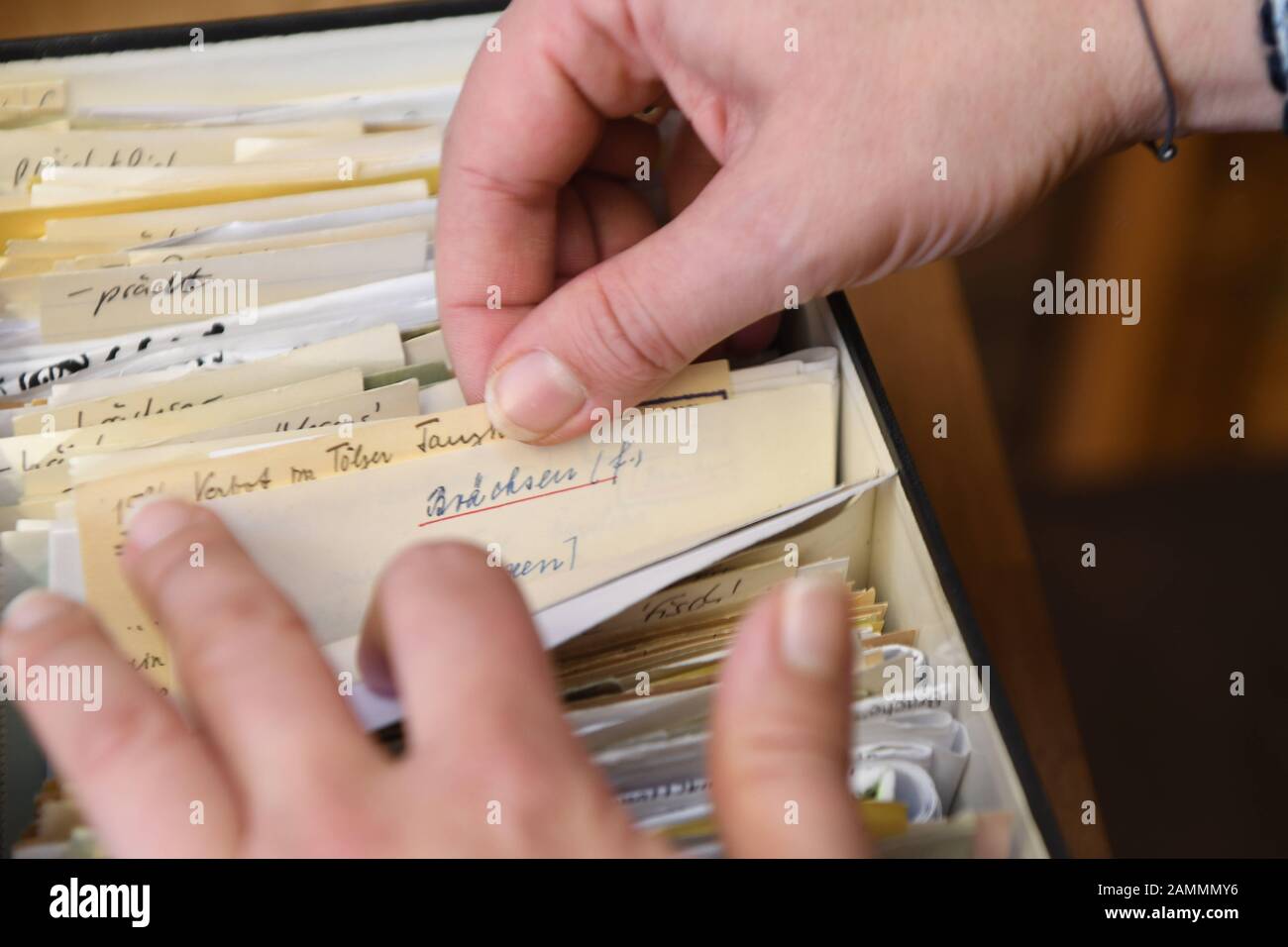 Travailler sur le projet de recherche et d'édition "Dictionnaire bavarois" dans les locaux de l'Académie des sciences bavaroise dans l'aile nord-est de la Résidence de Munich. Après des décennies de recherche, les volumes 1-3 ont été publiés à ce jour. L'image montre les anciennes cartes d'index de l'une des nombreuses boîtes de cartes. [traduction automatique] Banque D'Images