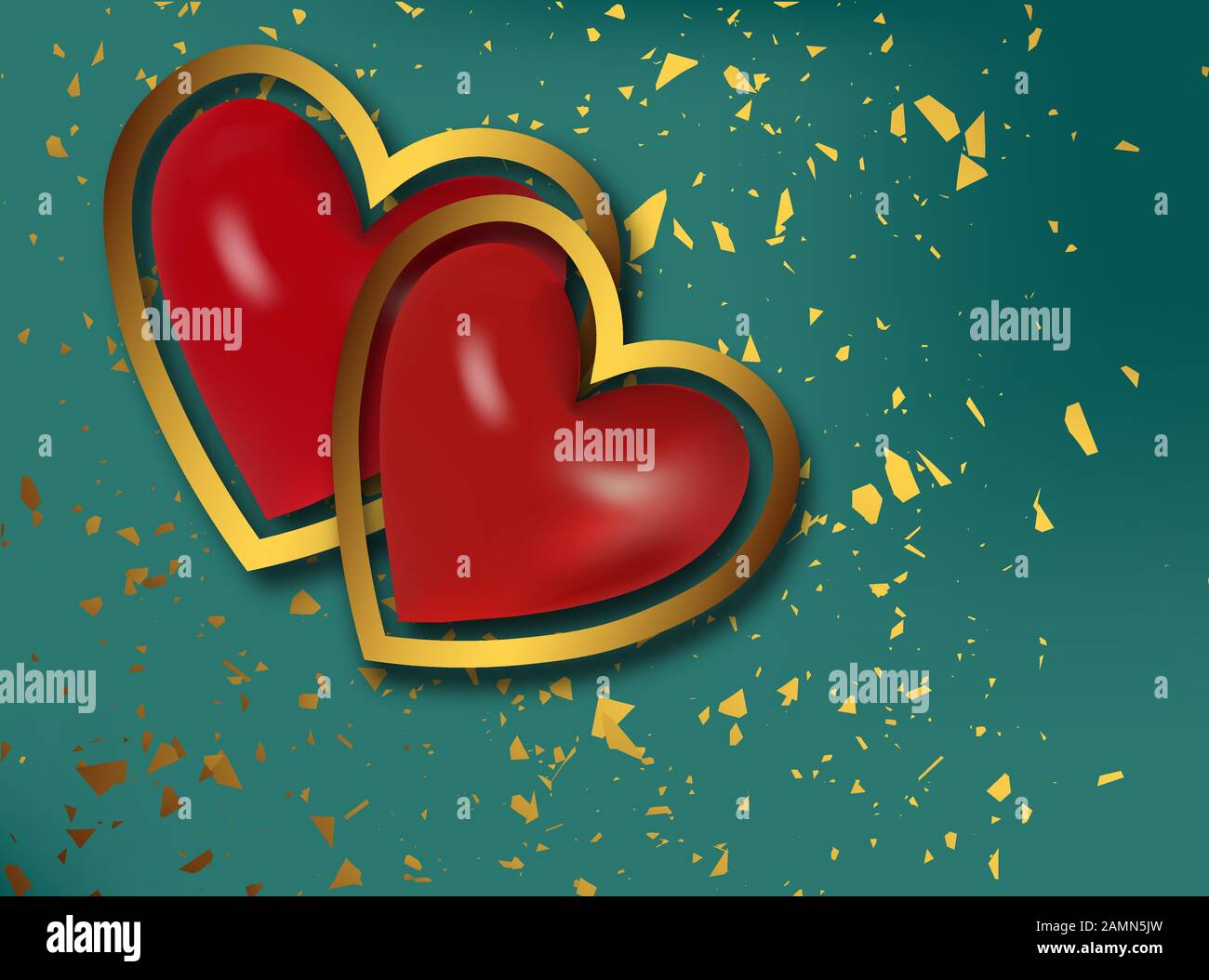 2 coeurs rouges réalistes pour un design décoratif. Saint Valentin amour fond rouge. Invitation, carte de vœux. Vecteur réaliste. J'adore le cadre du cœur. Illustration de Vecteur