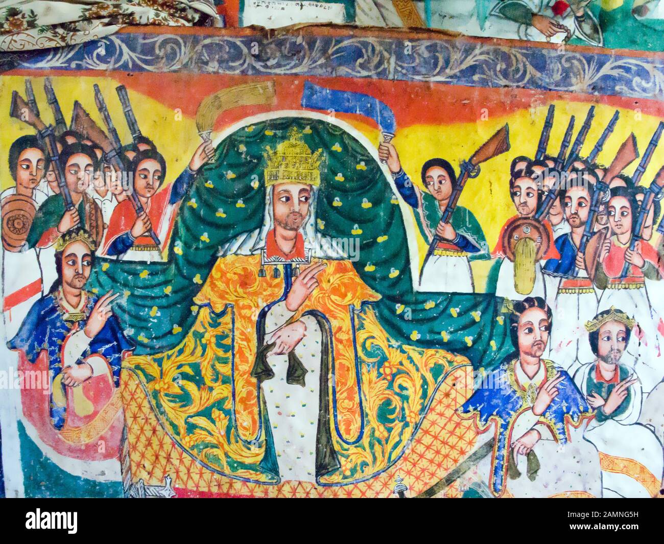 Peintures murales religieuses narratives à Uhra Kidane Mehret, situé sur la péninsule de Zeghe, en face de Bahar Dar. Ethiopie Banque D'Images
