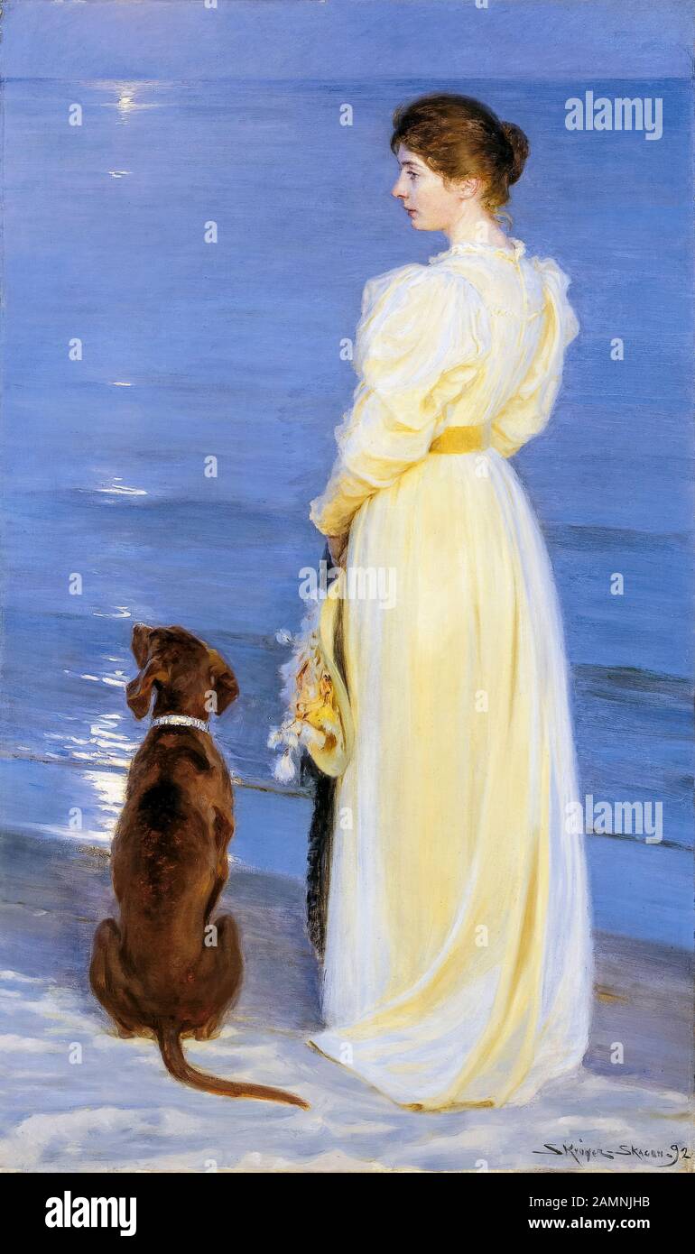 Peder Severin Krøyer, Soirée d'été à Skagen, Épouse de l'artiste, et, chien, sur la rive, portrait painting, 1892 Banque D'Images