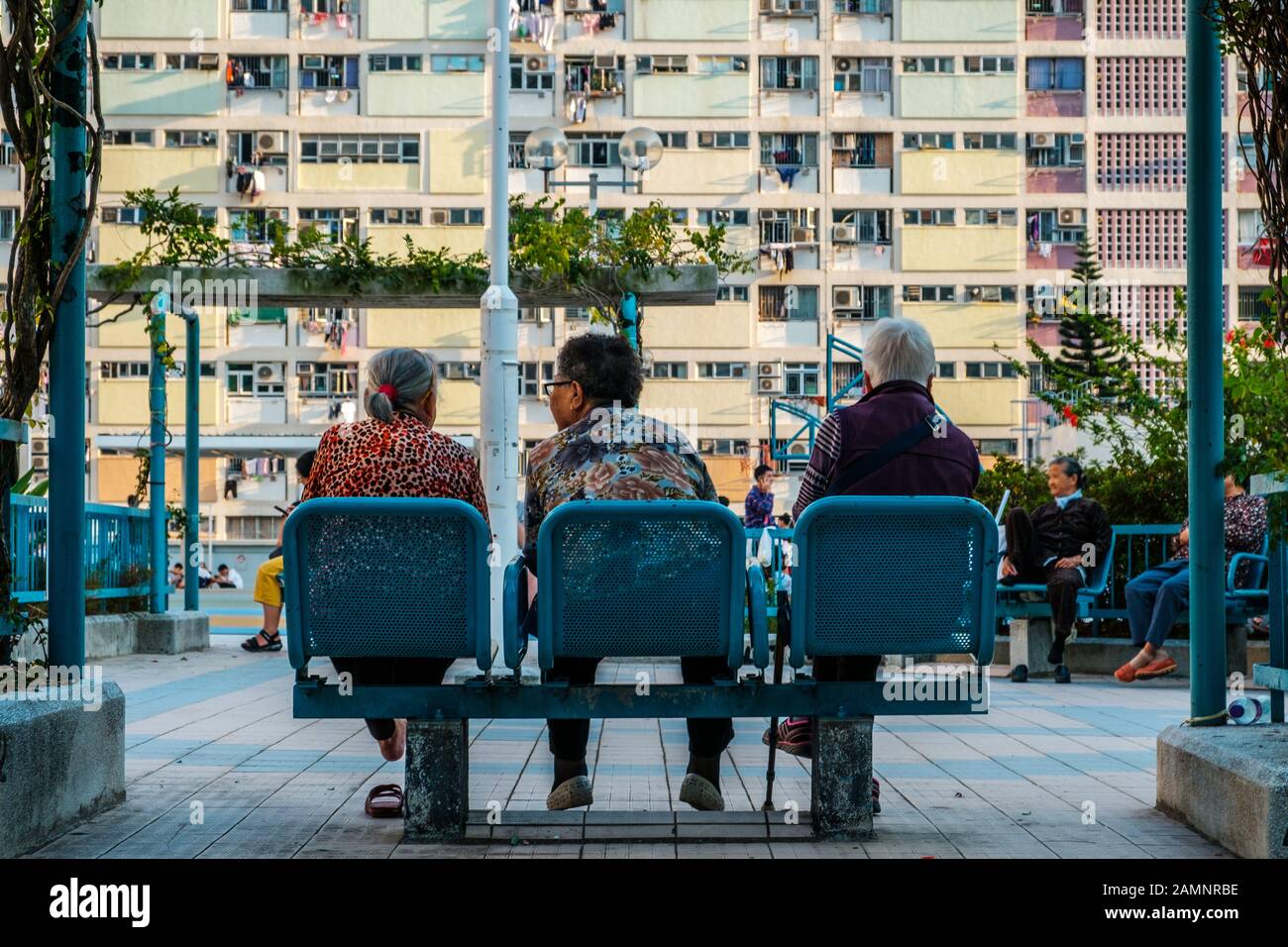 Trois femmes plus âgées sur banc de derrière, des personnes âgées assis sur un banc Banque D'Images