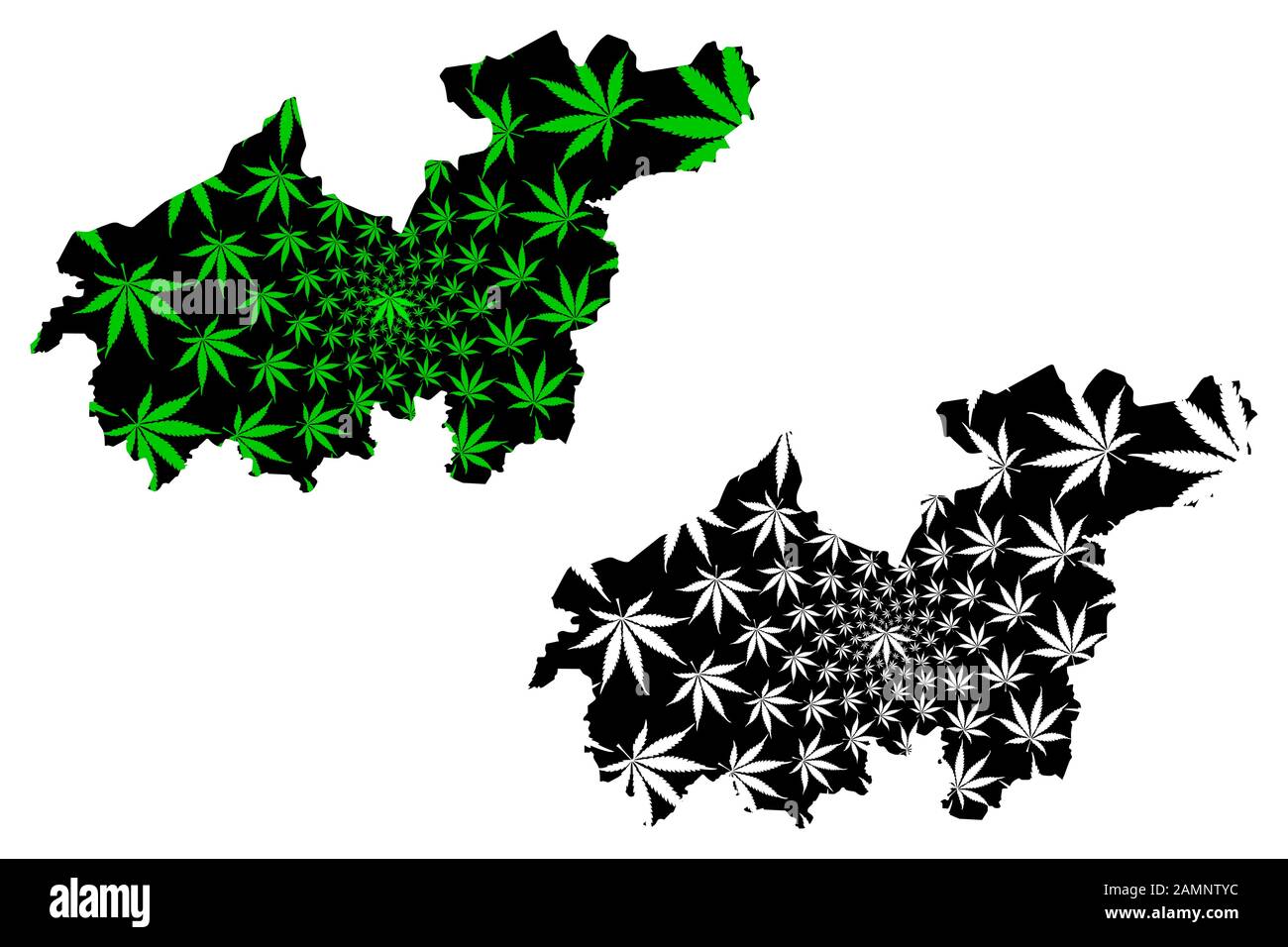 La carte de la région de Sikasso (régions du Mali, République du Mali) est conçue pour le vert et le noir de la feuille de cannabis, la carte de Sikasso faite de marihuana (marihuana, THC) foliag Illustration de Vecteur