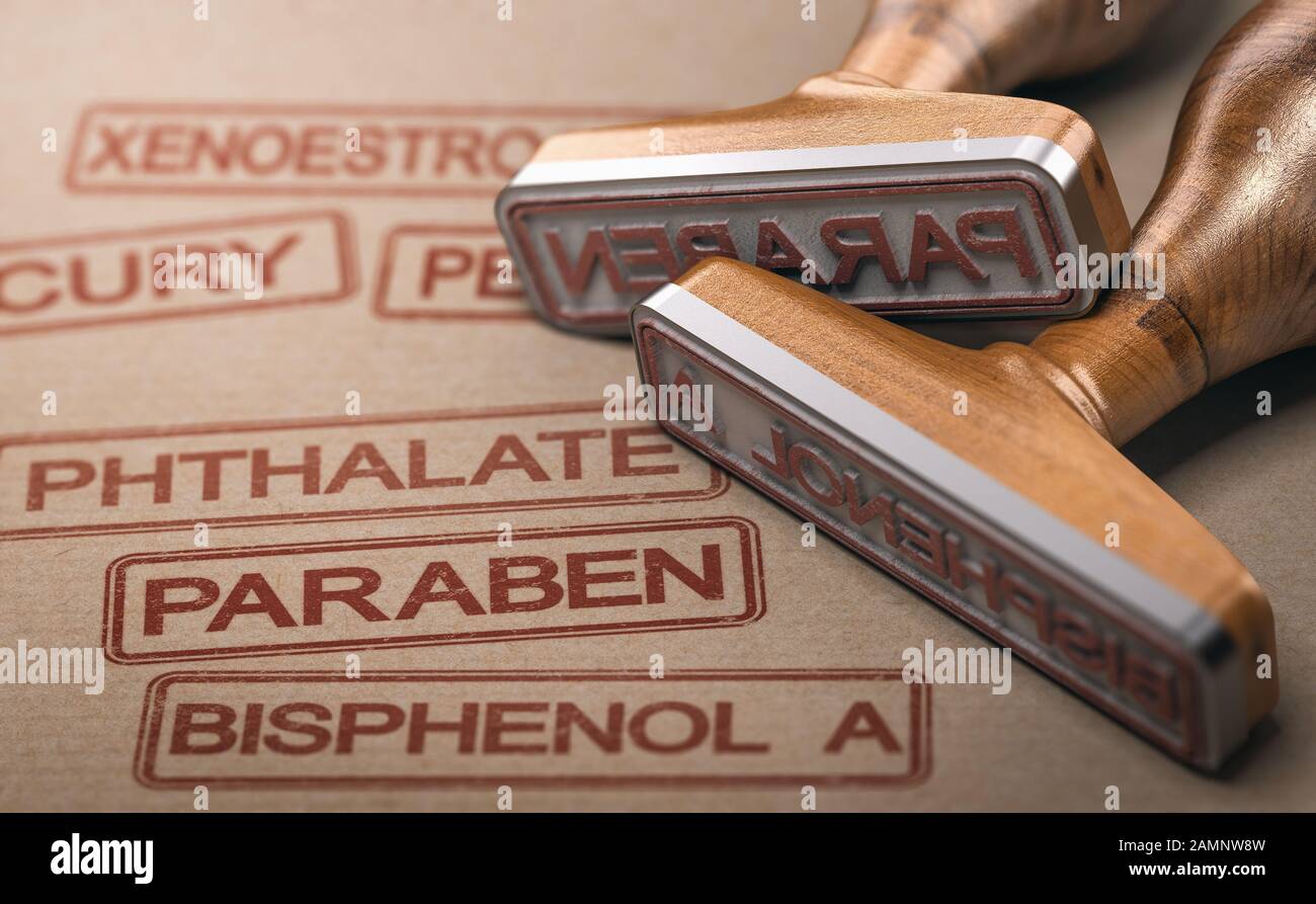 Illustration tridimensionnelle de deux tampons en caoutchouc avec les mots paraben, bisphénol A et phtalate imprimés sur fond de papier. Concept de perturbateurs endocriniens. Banque D'Images