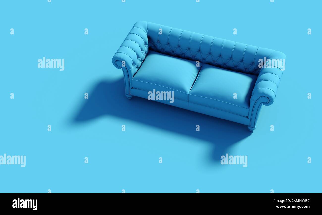 Canapé classique, personne autour. Image horizontale. Concept de design et de mobilier de style moderne. image de rendu 3d. Palette bleu Pantone classique. Banque D'Images
