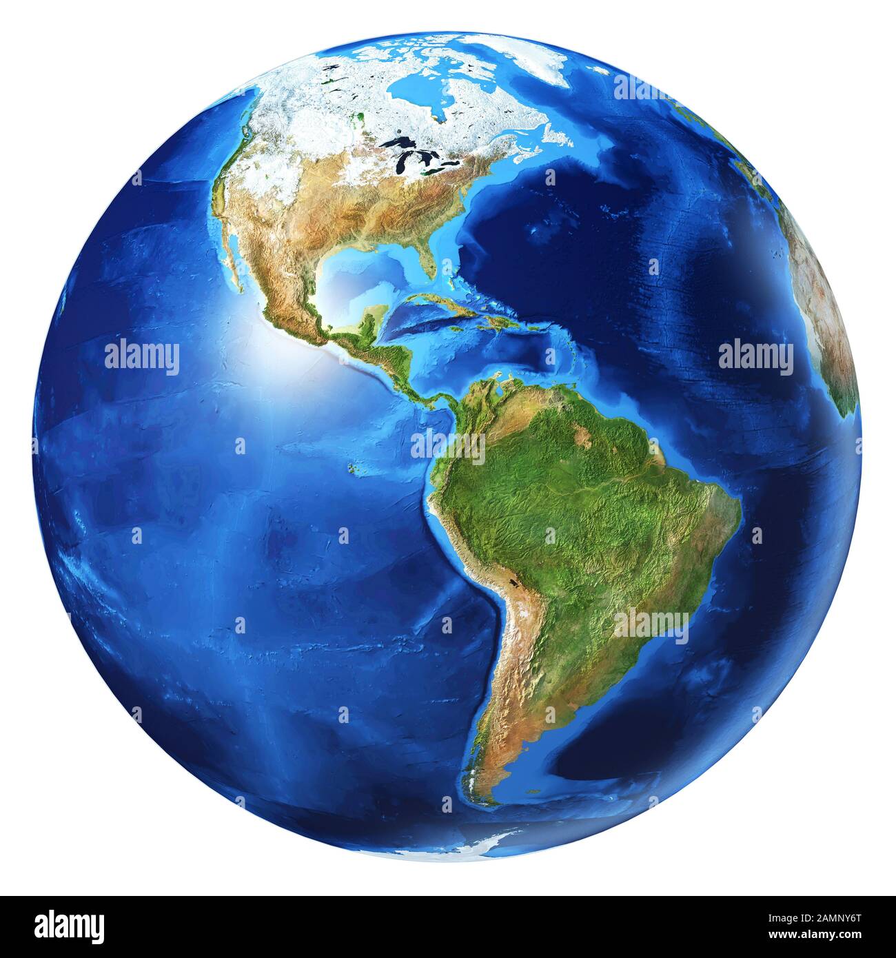 Illustration photoréaliste du globe terrestre, sur fond blanc. Vue sur l'Amérique du Nord et l'Amérique du Sud. Sans nuages. (Cartes originales fournies par la NASA Banque D'Images