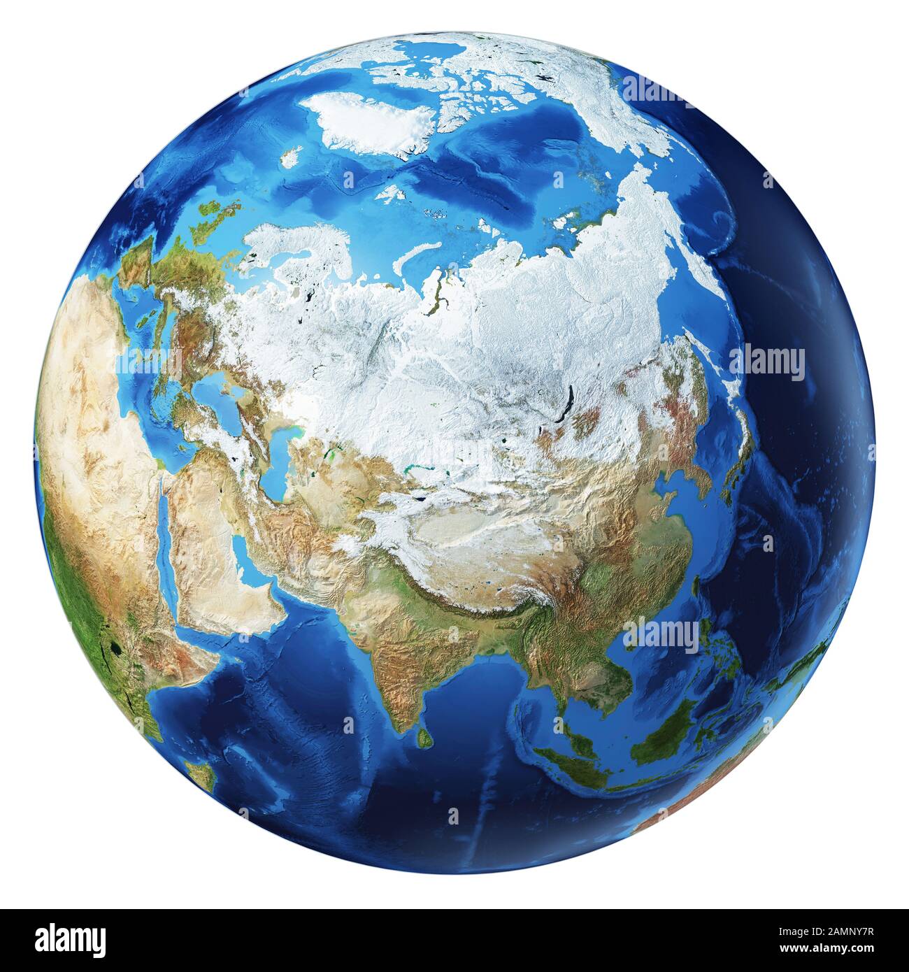 Illustration du globe terrestre. Vue sur l'Asie du Nord. Très détaillé et photo réaliste. Sur fond blanc. (Cartes originales fournies par la NASA.) Banque D'Images