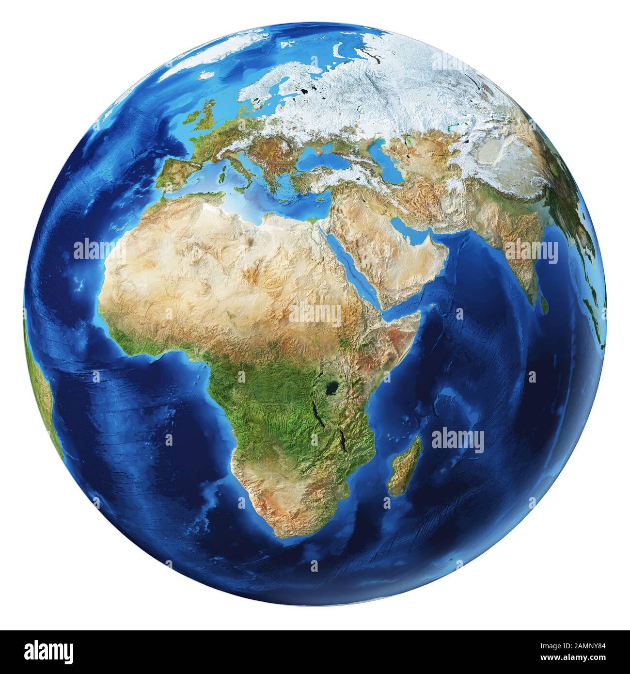 Illustration du globe terrestre. Vue sur l'Afrique, l'Asie et l'Europe. Très détaillé et photo réaliste. Sur fond blanc. (Cartes originales fournies par la NASA.) Banque D'Images