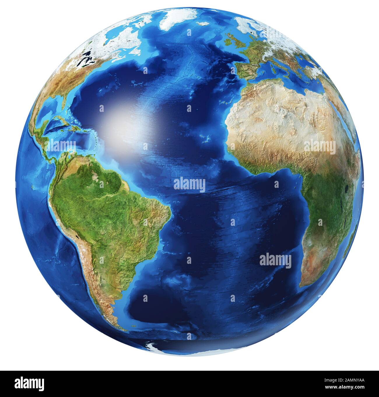 Illustration photoréaliste du globe terrestre, sur fond blanc. Vue sur l'océan Atlantique. Sans nuages. (Cartes originales fournies par la NASA). Banque D'Images