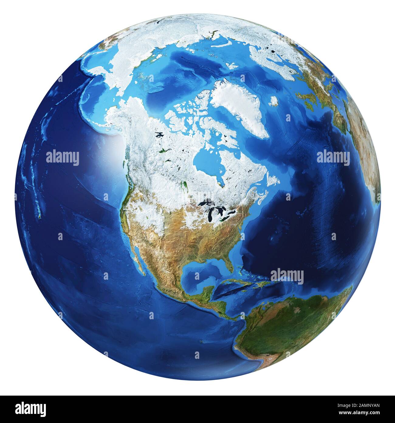Illustration photoréaliste du globe terrestre, sur fond blanc. Vue Amérique du Nord. Sans nuages. (Cartes originales fournies par la NASA). Banque D'Images