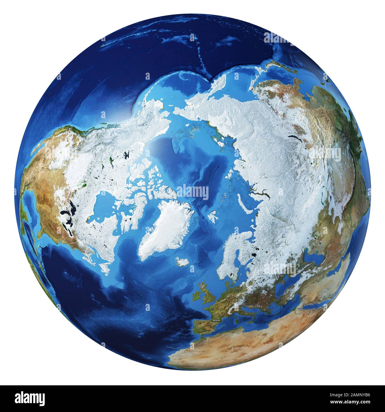 Illustration photoréaliste du globe terrestre, sur fond blanc. Vue Sur L'Arctique Et Le Pôle Nord. Sans nuages. (Cartes originales fournies par la NASA). Banque D'Images