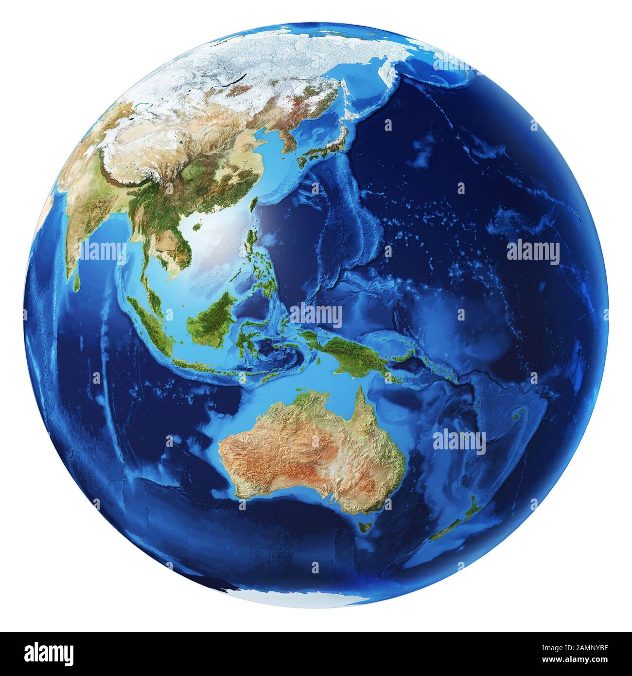 Illustration photoréaliste du globe terrestre, sur fond blanc. Vue sur l'Océanie. Sans nuages. (Cartes originales fournies par la NASA). Banque D'Images