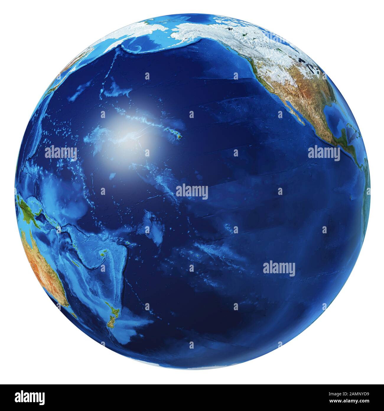 Illustration photoréaliste du globe terrestre, sur fond blanc. Vue sur l'océan Pacifique. Sans nuages. (Cartes originales fournies par la NASA). Banque D'Images