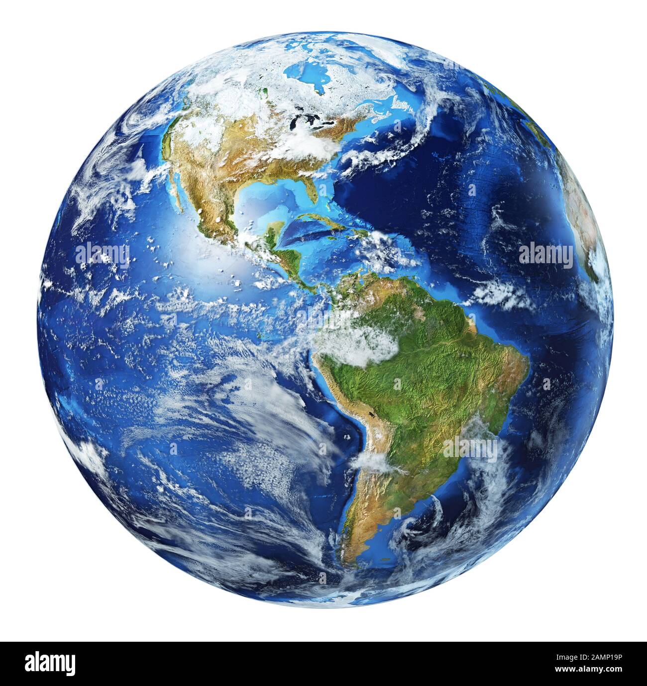 Illustration du globe terrestre. Vue sur l'Amérique du Nord et l'Amérique du Sud. Avec nuages sur fond blanc. Très détaillé et photo réaliste. (Cartes d'origine Banque D'Images