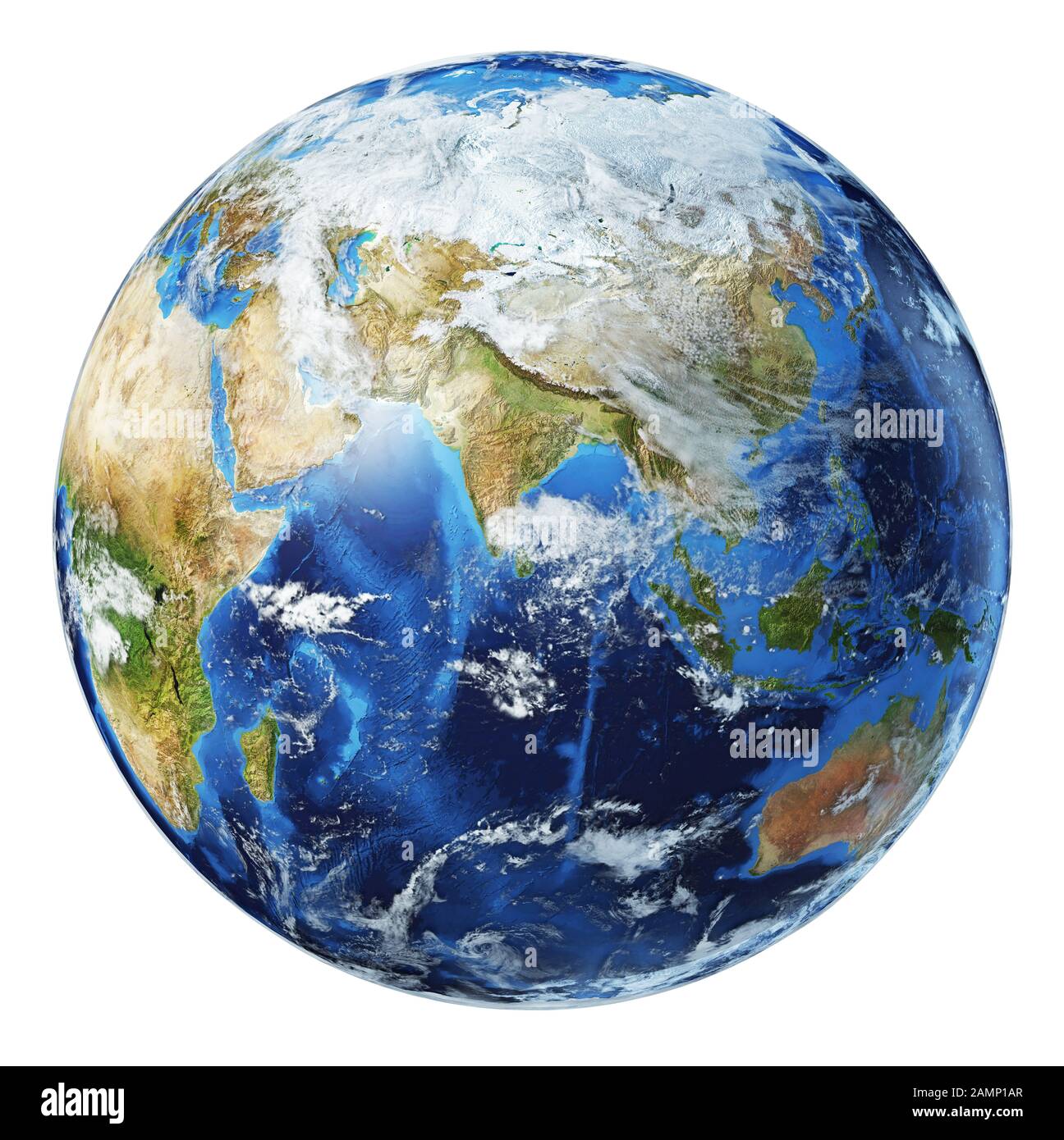 Illustration du globe terrestre. Vue sur l'Asie. Avec nuages sur fond blanc. Très détaillé et photo réaliste. (Cartes originales fournies par la NASA.) Banque D'Images