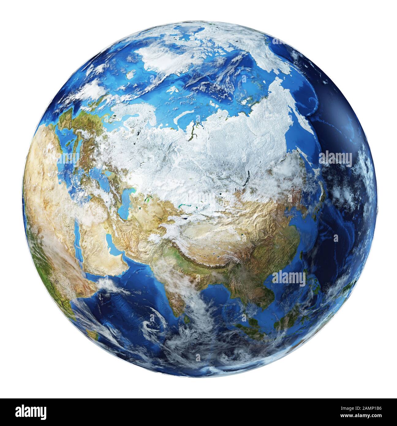 Illustration du globe terrestre. Vue sur l'Asie du Nord. Avec nuages sur fond blanc. Très détaillé et photo réaliste. (Cartes originales fournies par la NASA.) Banque D'Images