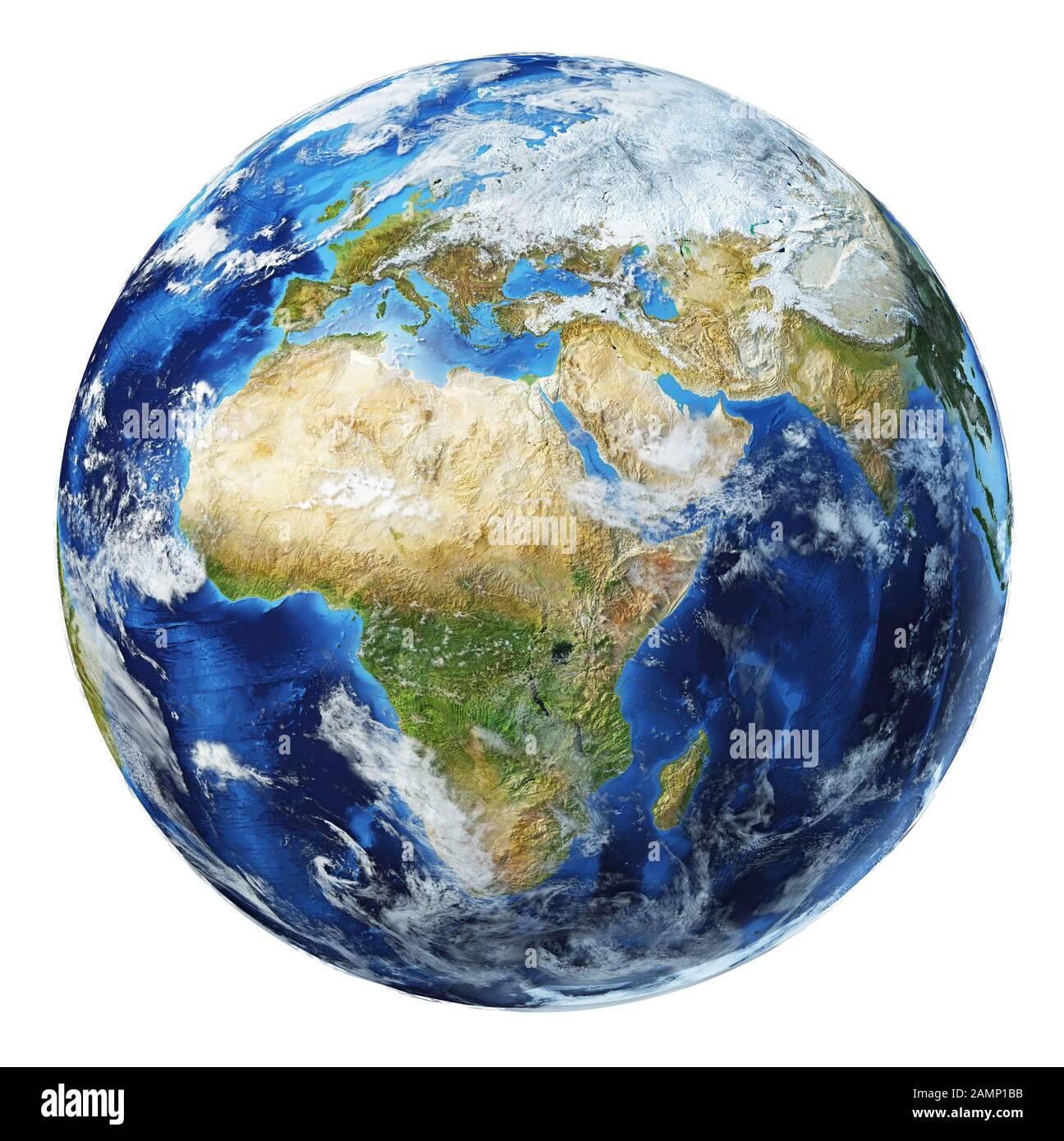 Illustration du globe terrestre. Afrique et Europe. Avec nuages sur fond blanc. Très détaillé et photo réaliste. (Cartes originales fournies par la NASA.) Banque D'Images