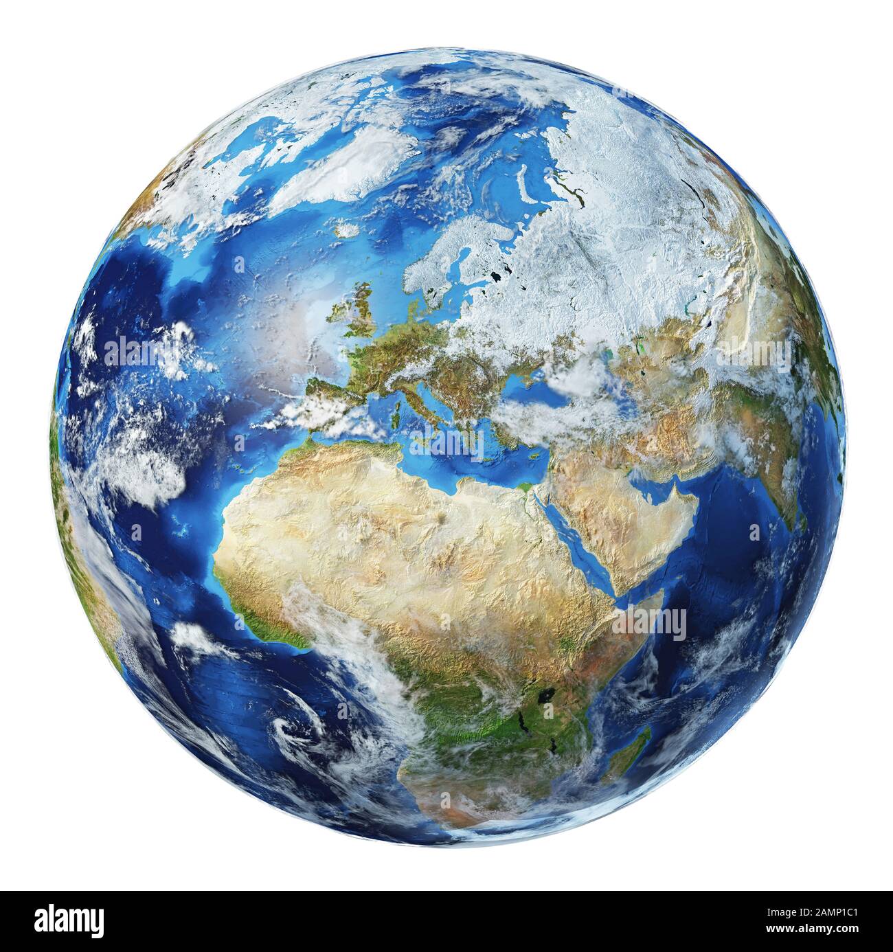 Illustration du globe terrestre. Europe. Avec nuages sur fond blanc. Très détaillé et photo réaliste. (Cartes originales fournies par la NASA.) Banque D'Images