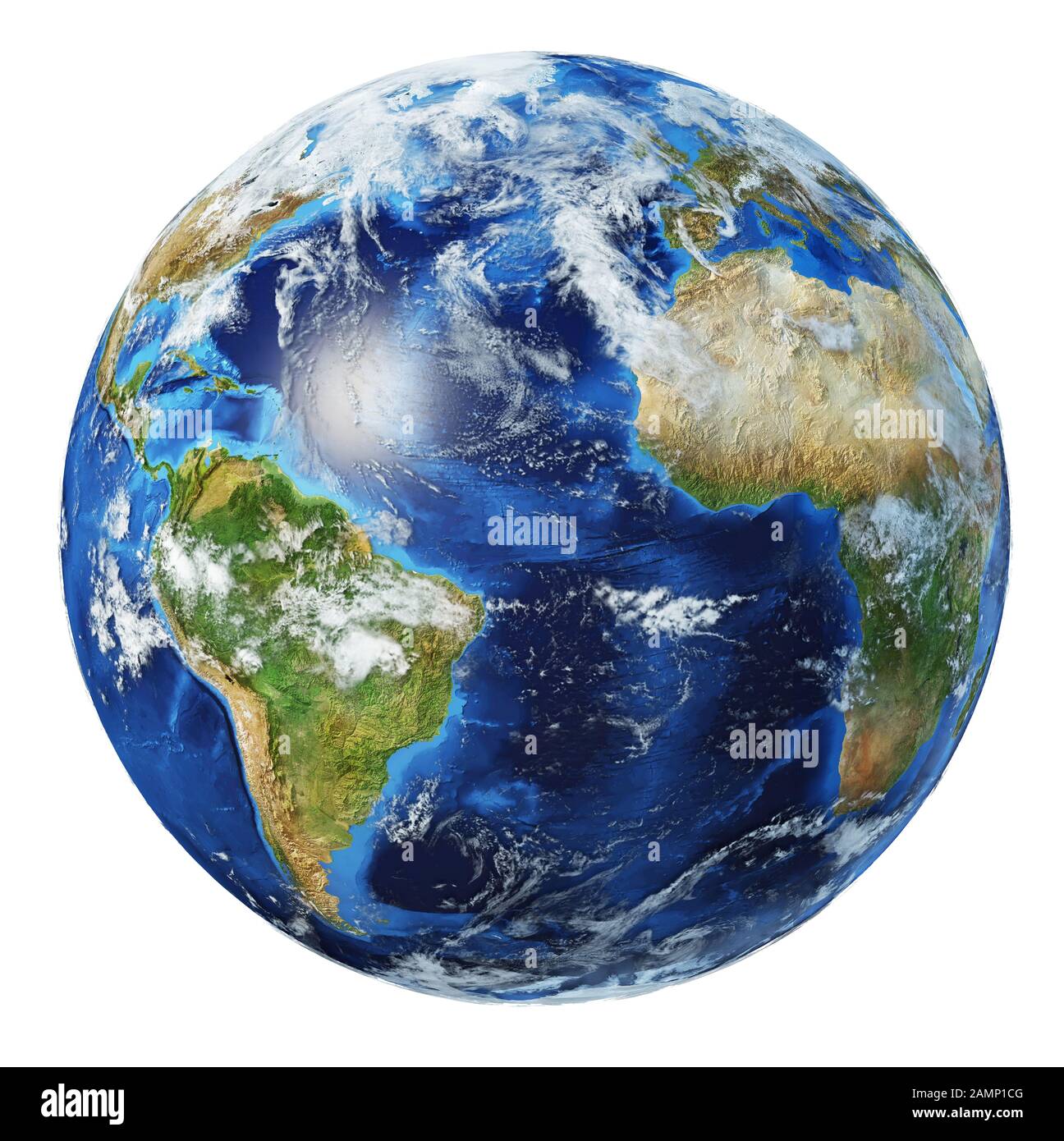 Illustration du globe terrestre. Vue sur l'océan Atlantique. Très détaillé et photo réaliste. Avec nuages sur fond blanc. (Cartes originales fournies par la NASA. Banque D'Images