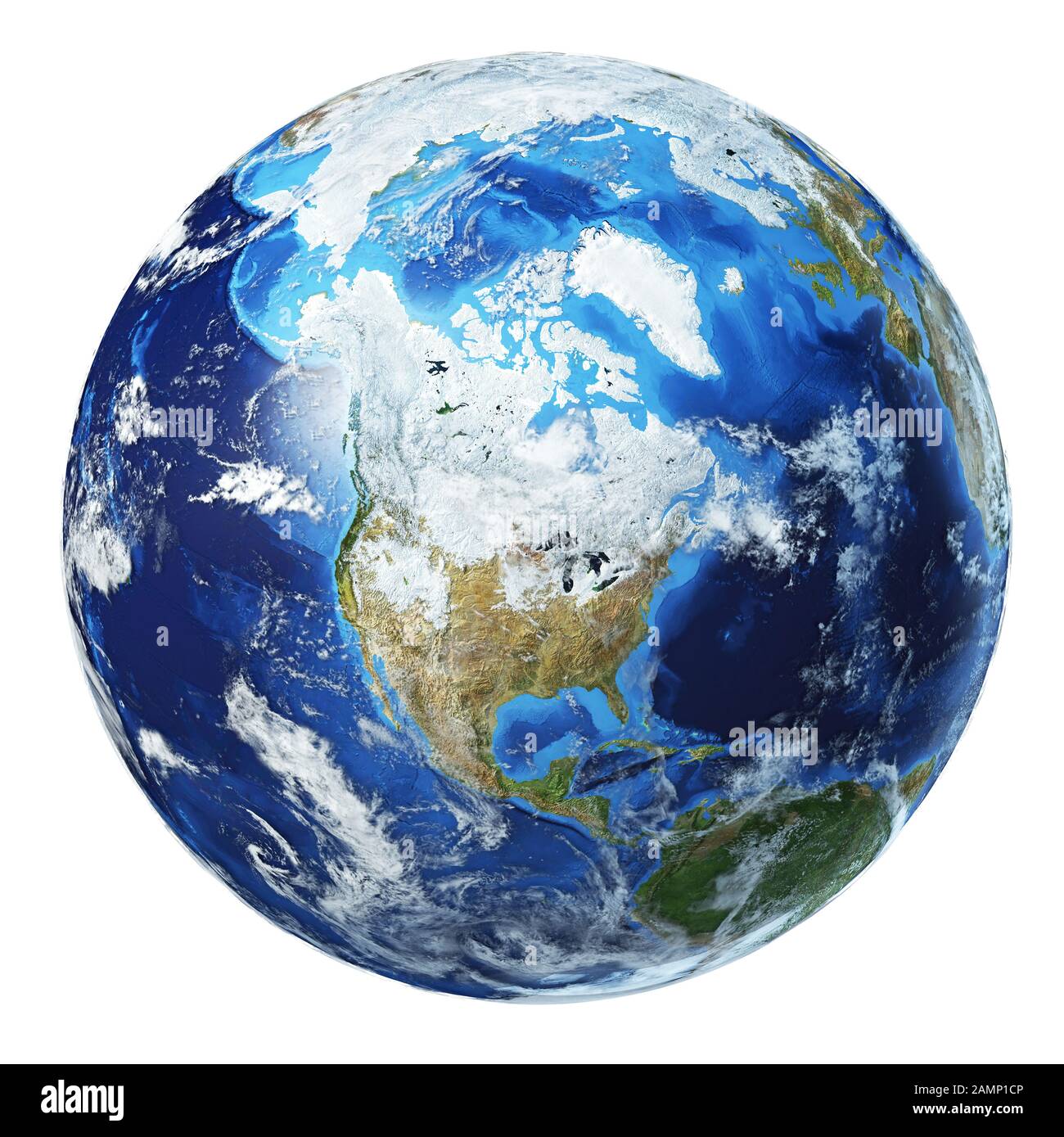 Illustration du globe terrestre. Vue Amérique du Nord. Très détaillé et photo réaliste. Avec nuages sur fond blanc. (Cartes originales fournies par la NASA.) Banque D'Images