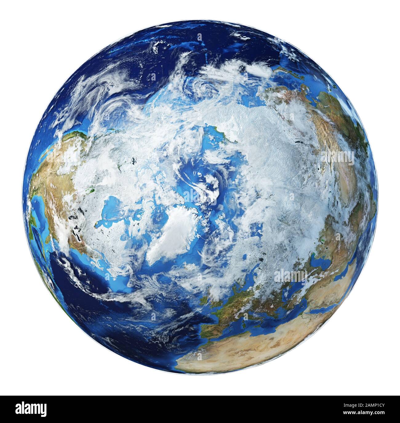 Illustration du globe terrestre. Vue sur le pôle Nord. Très détaillé et photo réaliste. Avec nuages sur fond blanc. (Cartes originales fournies par la NASA.) Banque D'Images