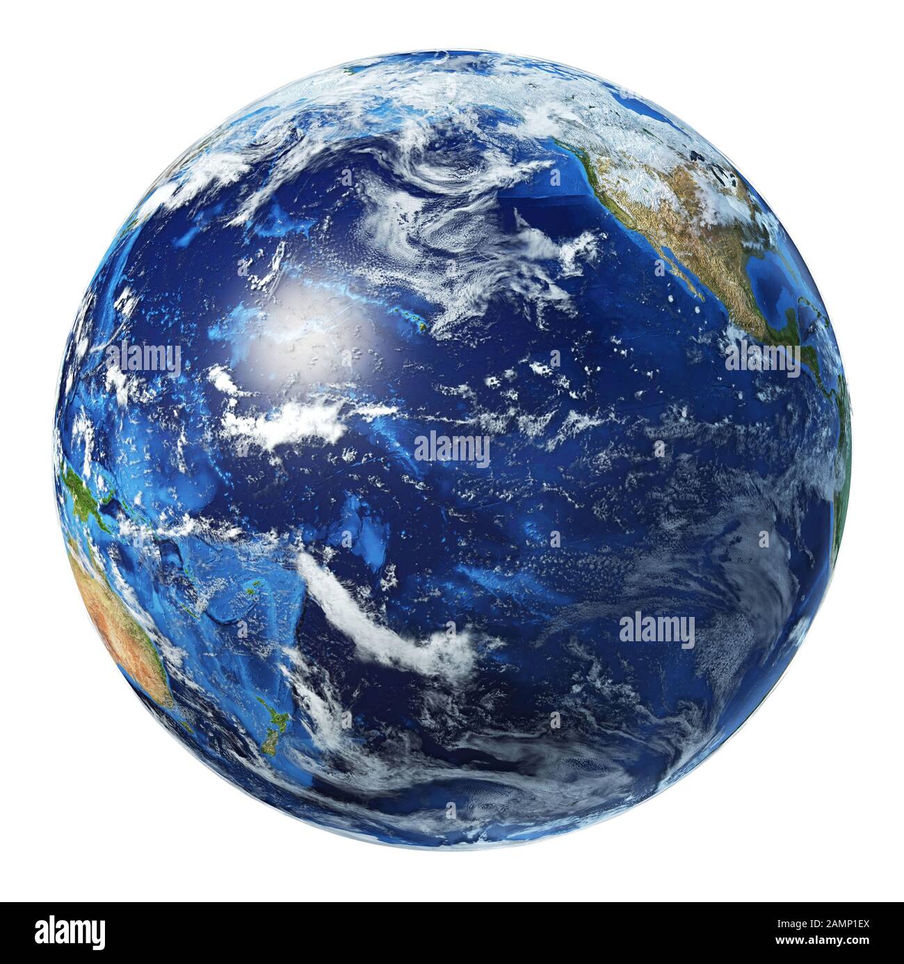 Illustration du globe terrestre. Vue sur l'océan Pacifique. Très détaillé et photo réaliste. Avec nuages sur fond blanc. (Cartes originales fournies par la NASA.) Banque D'Images
