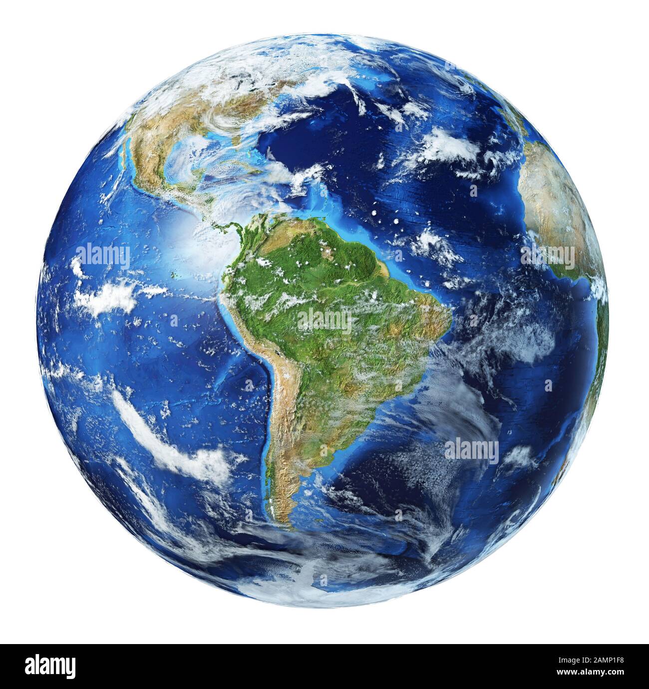 Illustration du globe terrestre. Vue sur l'Amérique du Sud. Très détaillé et photo réaliste. Avec nuages sur fond blanc. (Cartes originales fournies par la NASA.) Banque D'Images