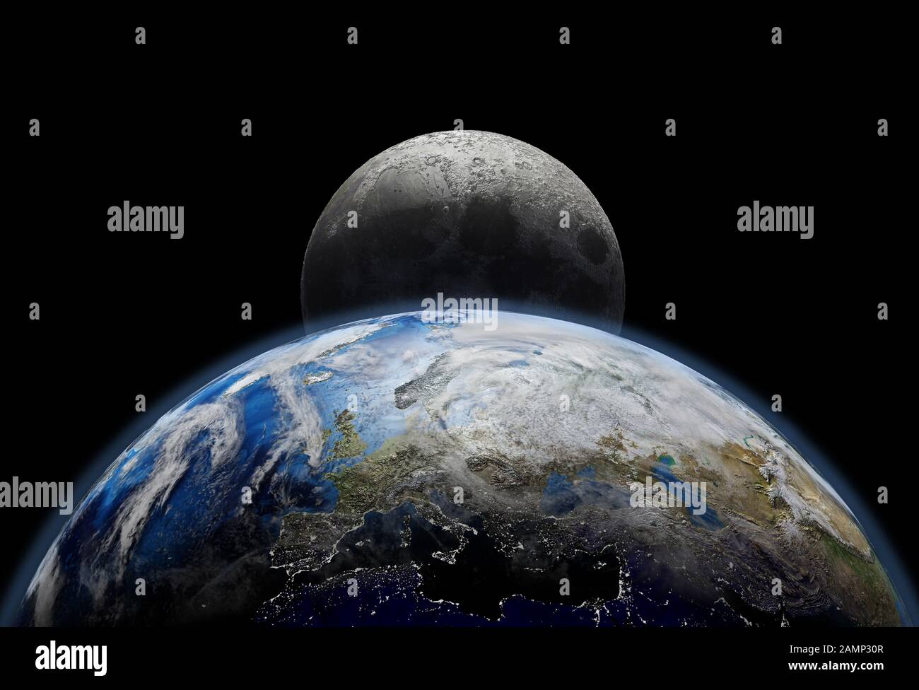 Planète Terre proche du lever du soleil dans l'espace, les lumières de la ville et la lune. Vue sur l'Europe et l'Asie. (Cartes originales fournies par la NASA.) Banque D'Images