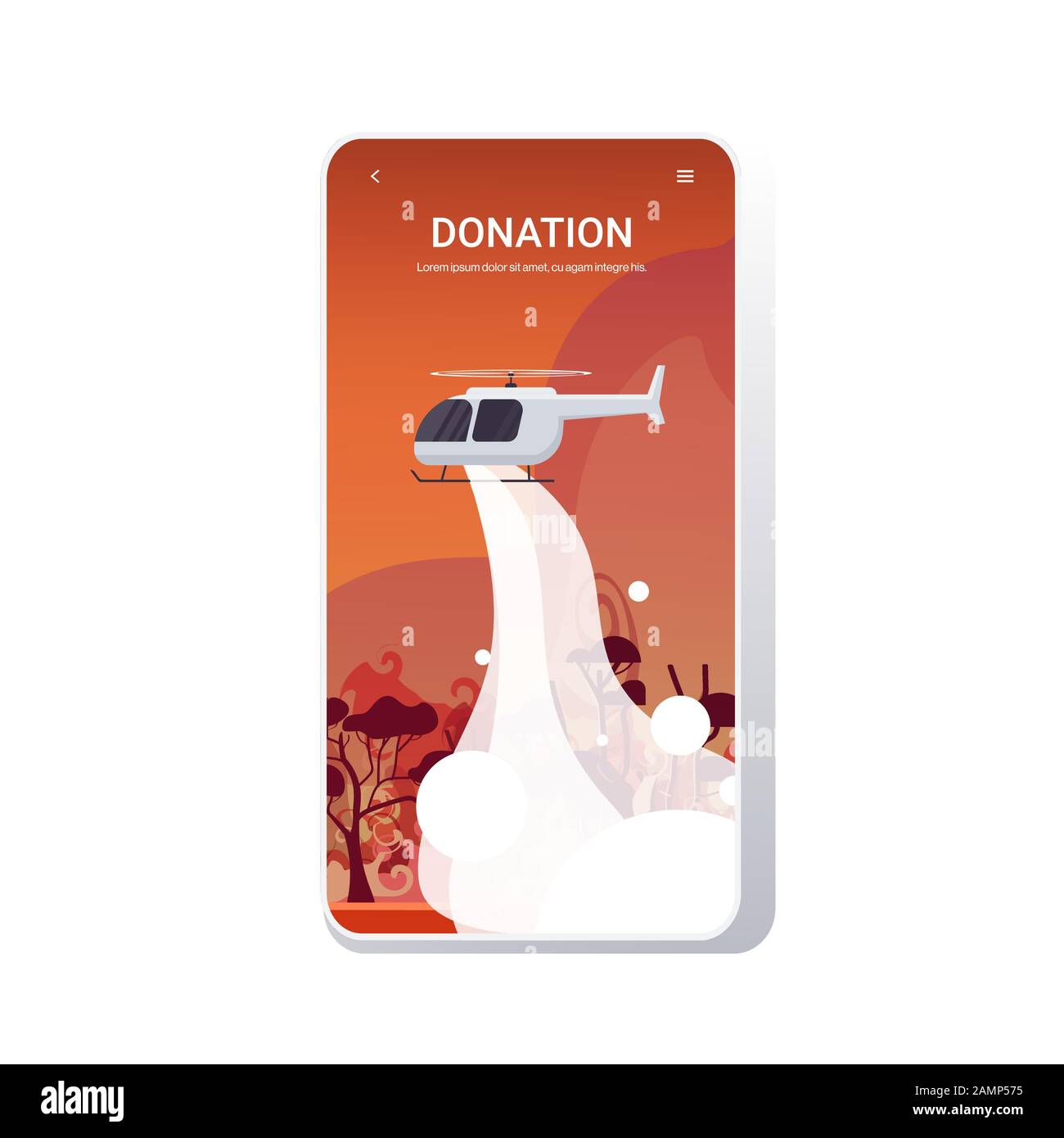 hélicoptère éteint les feux de forêt dangereux en australie lutte contre le feu de brousse bois sec bois brûlant arbres lutte contre le feu naturel don concept intense orange flammes smartphone écran mobile app verticale illustration Illustration de Vecteur