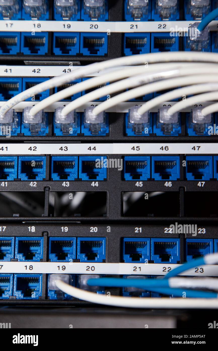 Gros plan des câbles du routeur dans un armoire de centre de données. Banque D'Images
