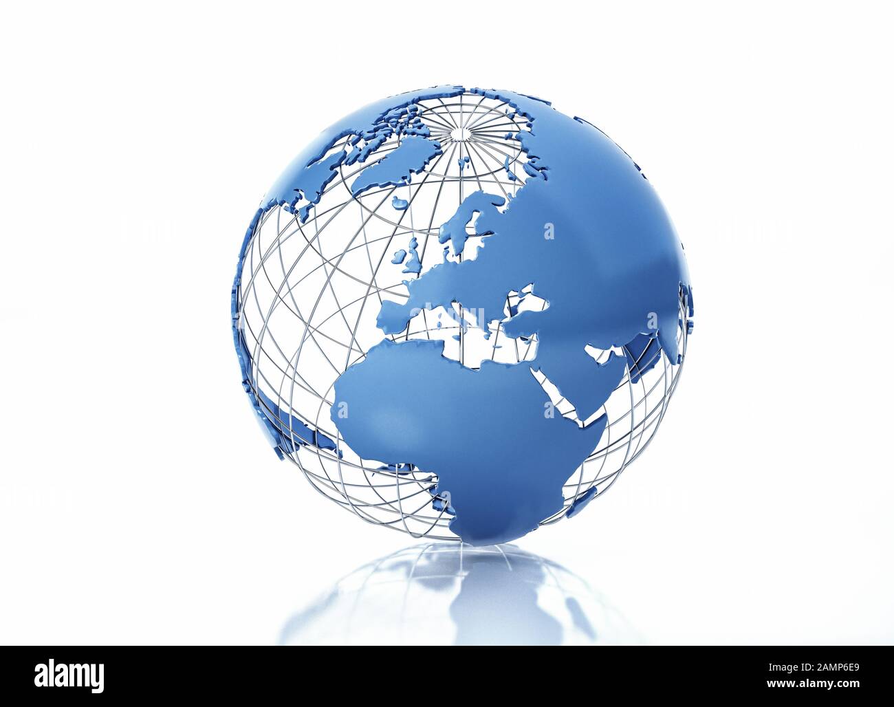 Globe terrestre stylisé avec grille métallique. Vue sur l'Europe. Sur fond blanc avec une certaine réflexion sur la surface. Banque D'Images