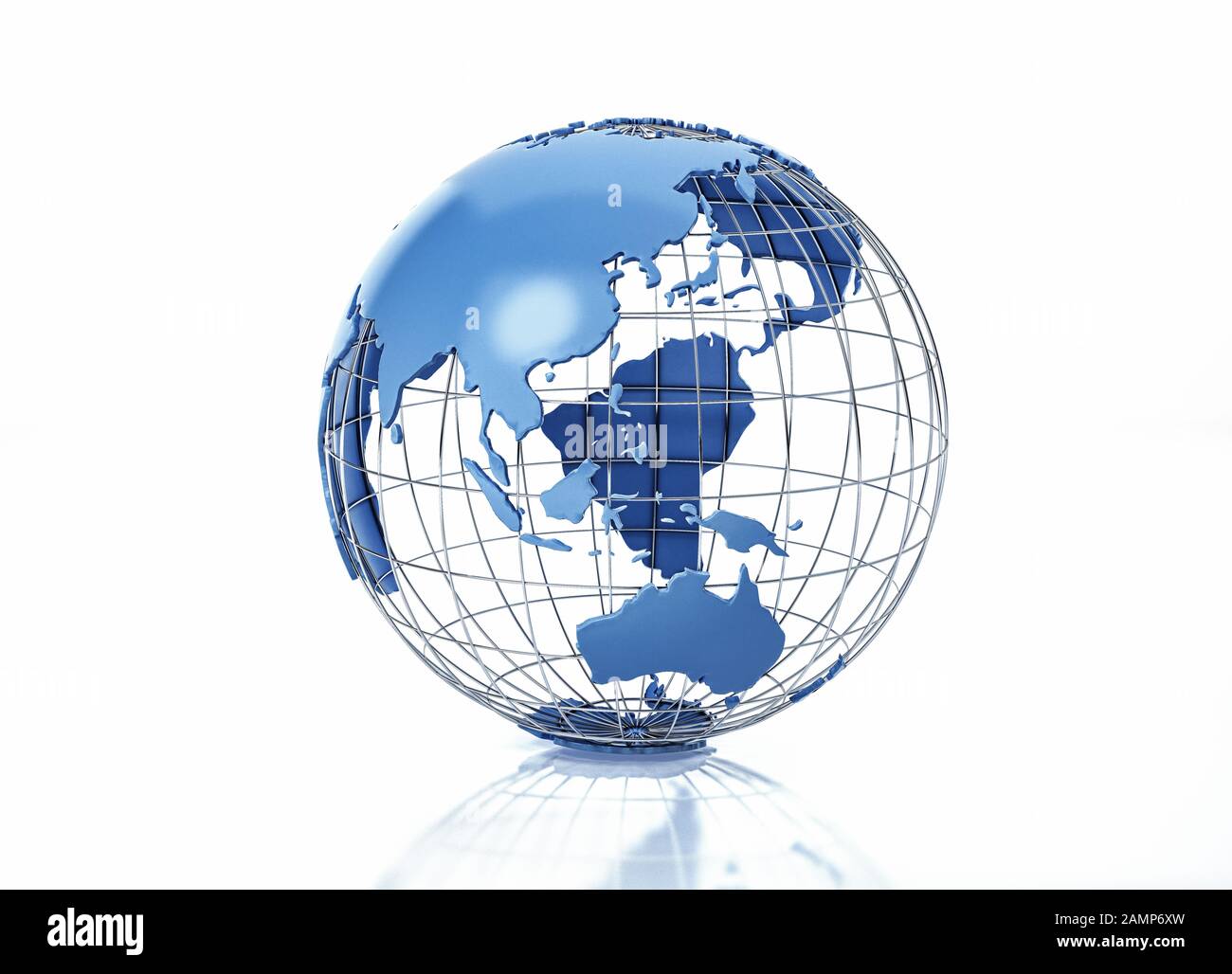 Globe terrestre stylisé avec grille métallique. Vue sur l'Océanie. Sur fond blanc avec une certaine réflexion sur la surface. Banque D'Images