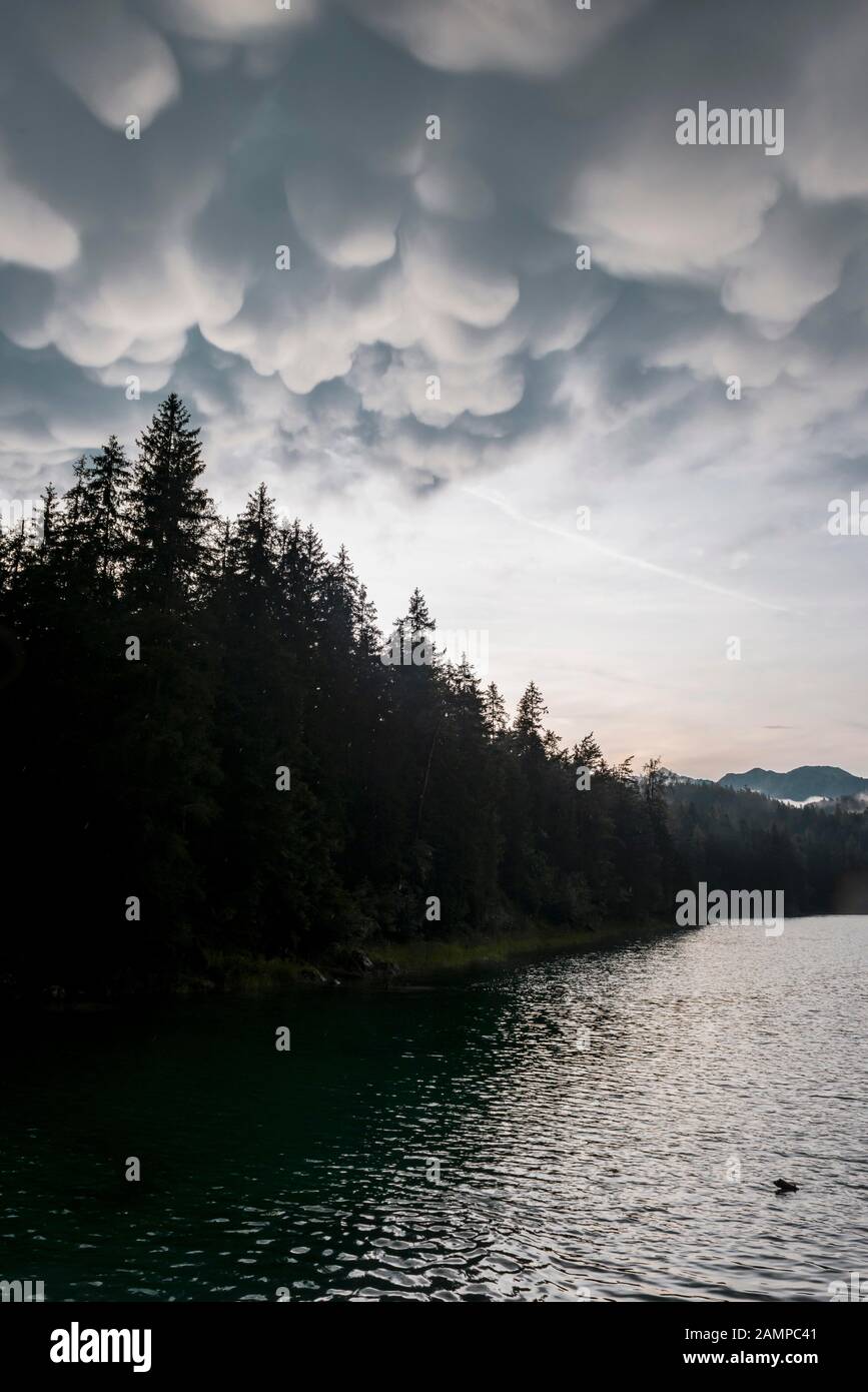 Des orages au-dessus du lac Eibsee, des nuages de mammouth, des mauvais temps, une atmosphère de nuages dramatique, près de Grainau, Haute-Bavière, Bavière, Allemagne Banque D'Images