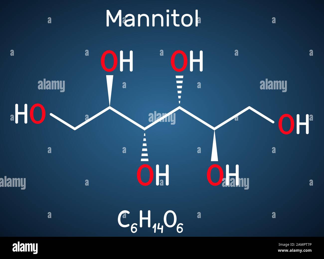 Mannitol, alcool de sucre, molécule d'isomère sorbitol. Il est utilisé comme édulcorant et médicament. Formule chimique structurelle sur fond bleu foncé Illustration de Vecteur