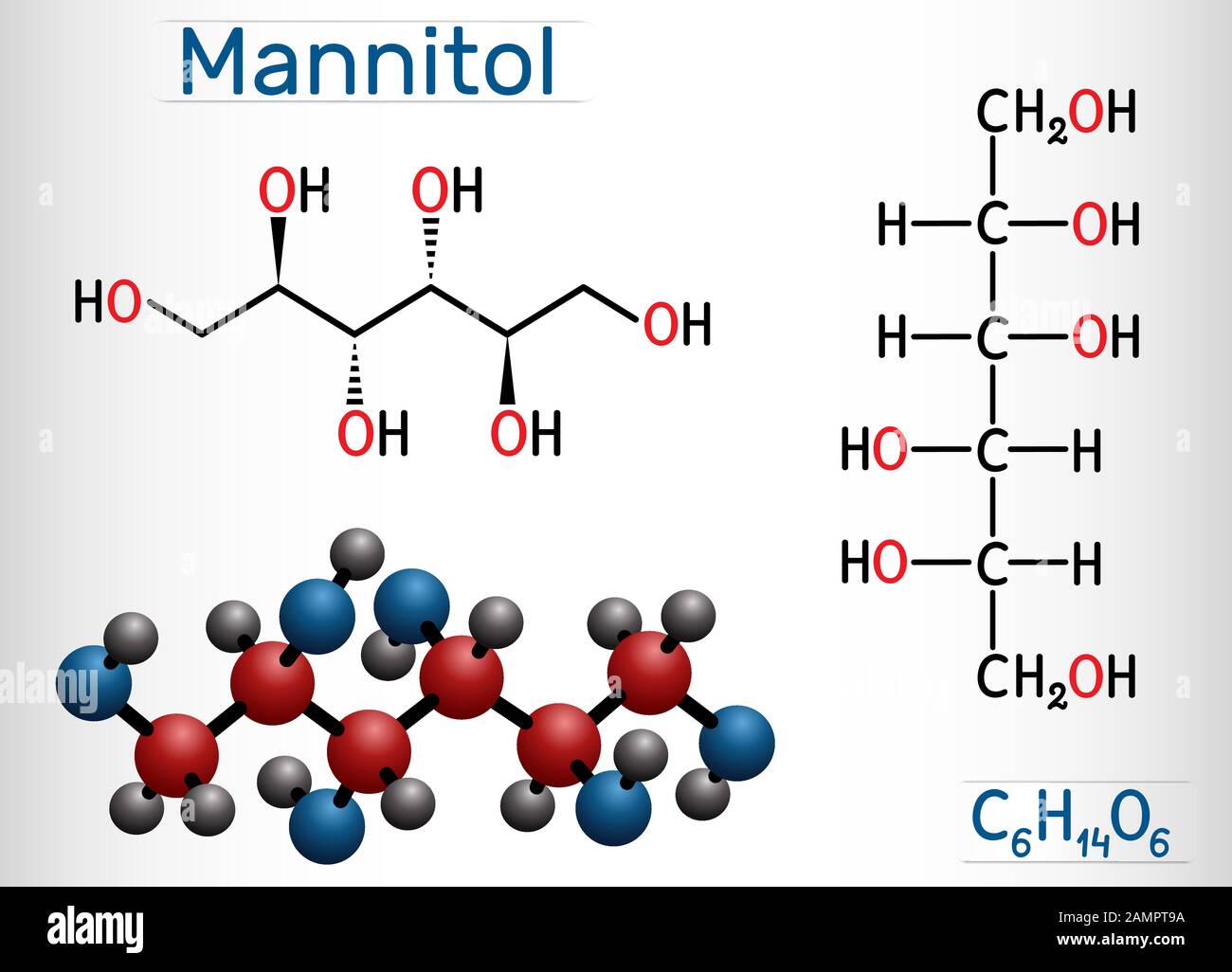 Mannitol, alcool de sucre, molécule d'isomère sorbitol. Il est utilisé comme édulcorant et médicament. Formule chimique structurelle et modèle de molécule. Vecteur Illustration de Vecteur