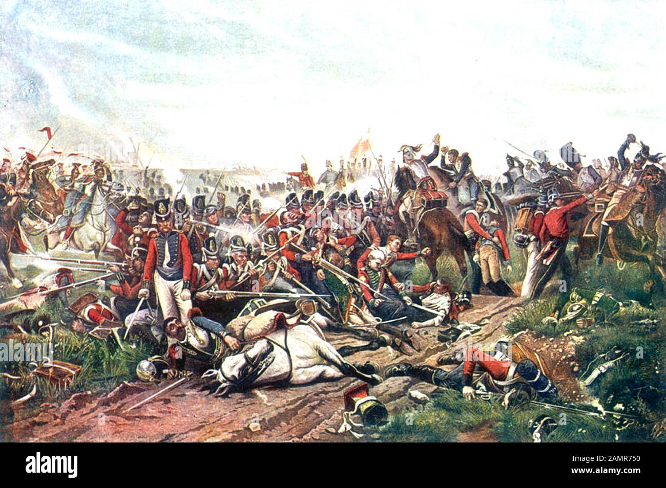 BATAILLE DE WATERLOO 1815. La cavalerie française charge une place défensive britannique. Banque D'Images