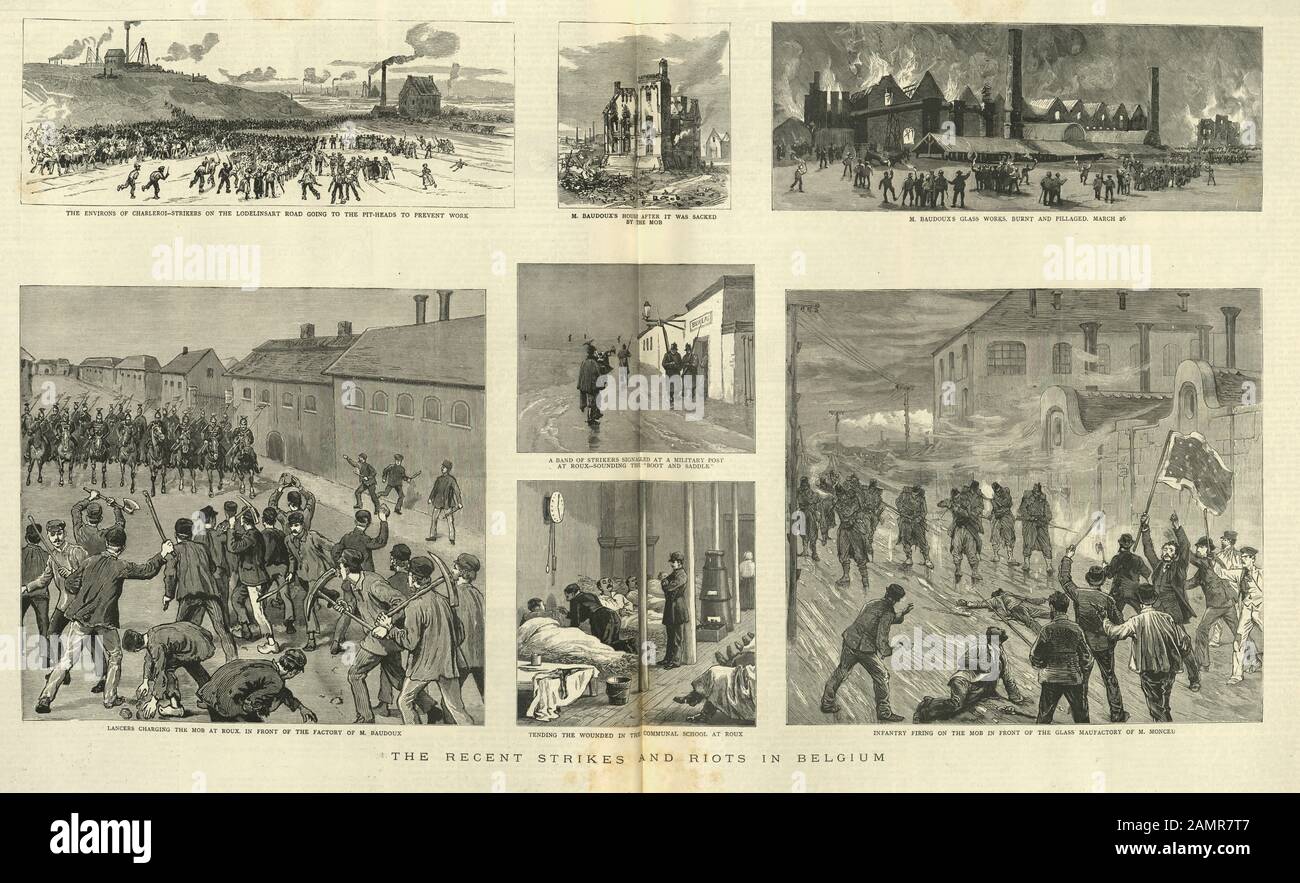 Gravure ancienne De Grèves et d'émeutes à Belguim, 1886, XIXe siècle Banque D'Images
