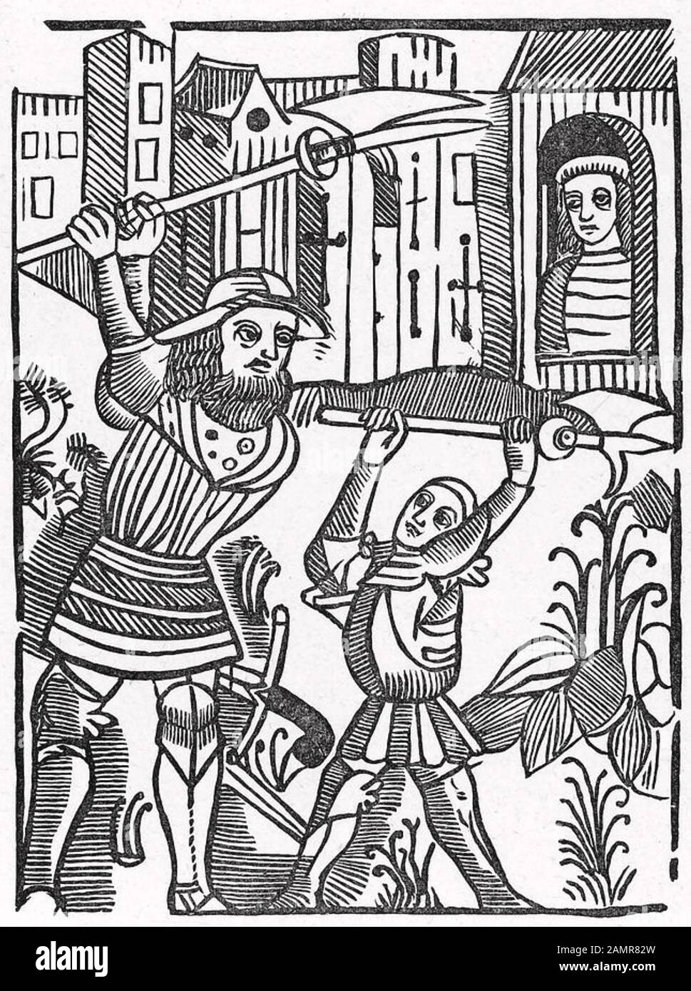 Guy DE WARWICK légendaire héros folklorique anglais lutte contre le géant Colbrand dans une gravure en bois sur Banque D'Images