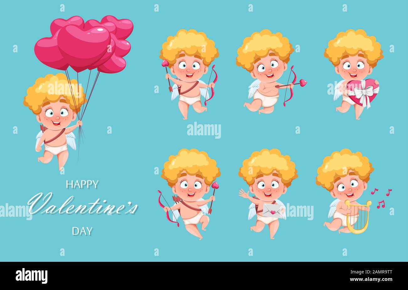 Bonne Saint Valentin. Drôle Cupid enfant, jeu de sept poses, mignon personnage de dessin animé. Illustration vectorielle sur fond bleu Illustration de Vecteur