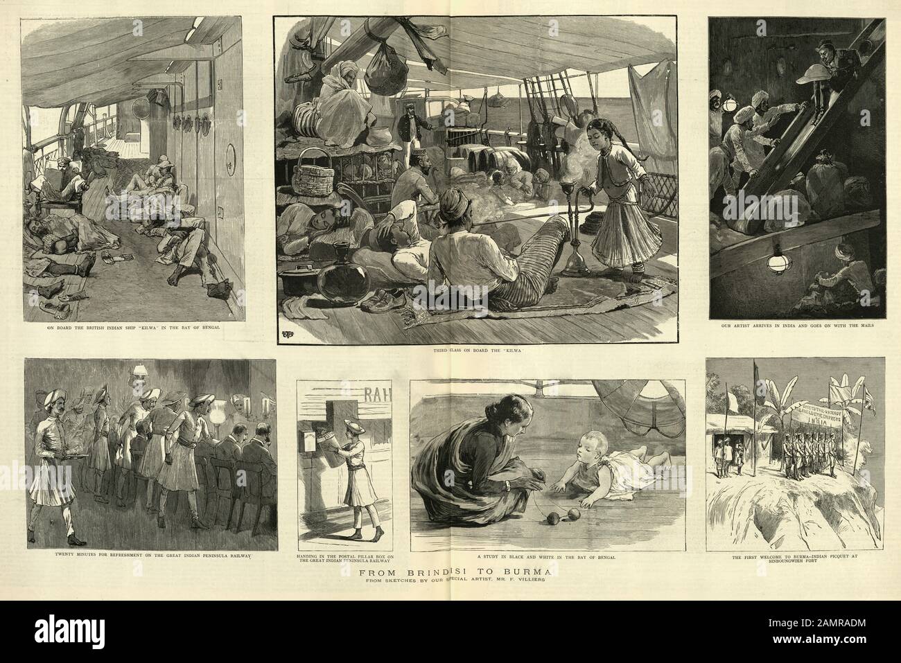 Croquis d'un voyage victorien de Brindisi à Birmanie, Victoriens voyageant en bateau à vapeur, XIXe siècle Banque D'Images