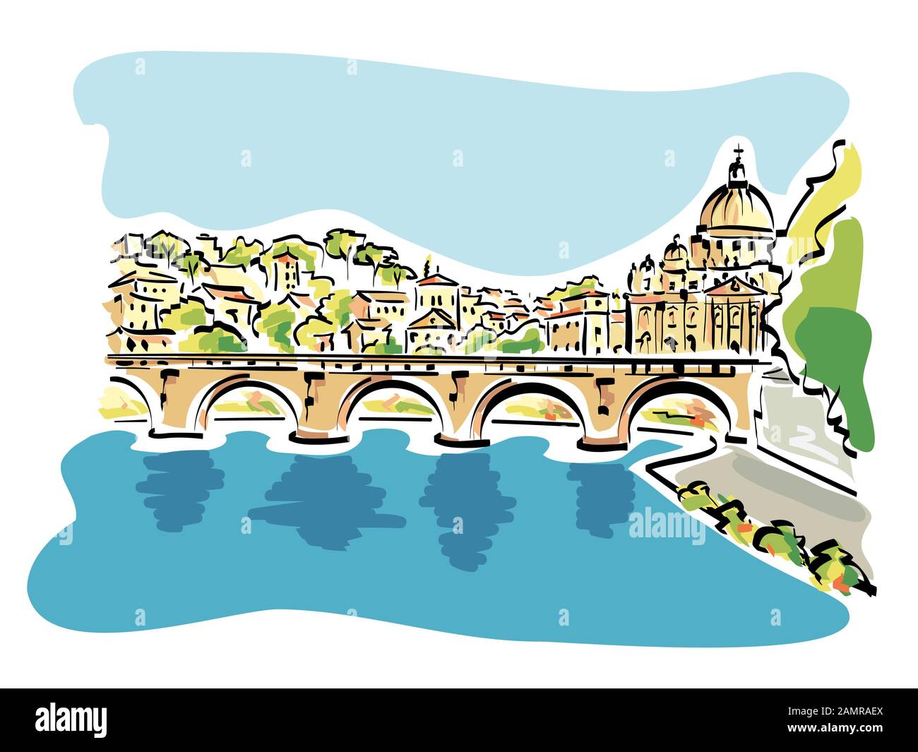 Illustration d'un panorama de Rome avec le fleuve Tibre, dans le premier plan et la basilique Saint Pierre sur l'arrière-plan. Banque D'Images