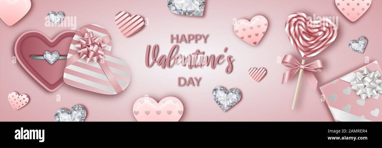 bannière de saint-valentin avec boîtes cadeaux en forme de coeur, sucettes, coeurs roses et coeurs de diamant Banque D'Images