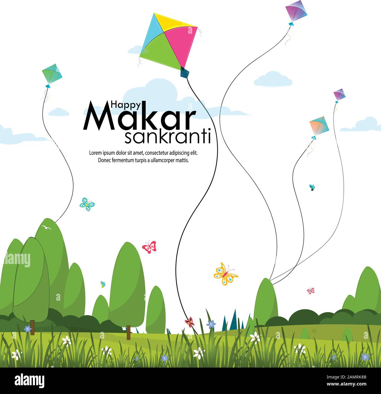 Illustration du papier peint Happy Makar Sankranti avec une chaîne de cerf-volant colorée pour le festival Illustration de Vecteur